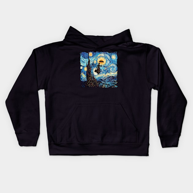 Girl with an Umbrella starry night Kids Hoodie by Dezigner007